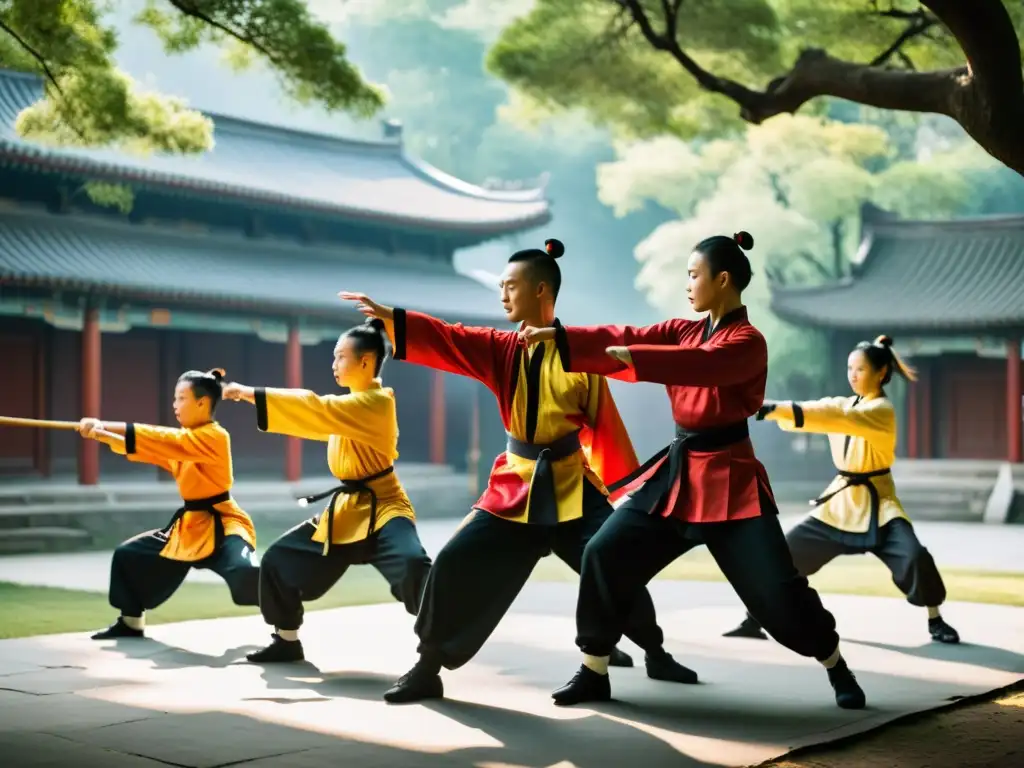 Un grupo de practicantes de wushu ejecutando movimientos sincronizados y elegantes en un entorno sereno al aire libre