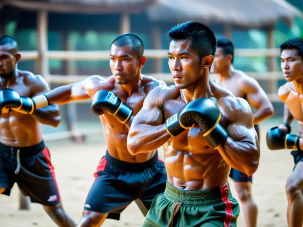 Grupo de practicantes de Muay Boran entrenando intensamente al aire libre, demostrando fuerza y determinación