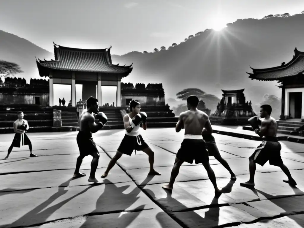 Grupo de practicantes de Muay Boran entrenando al amanecer en antiguas ruinas, reflejando la guía completa entrenamiento Muay Boran