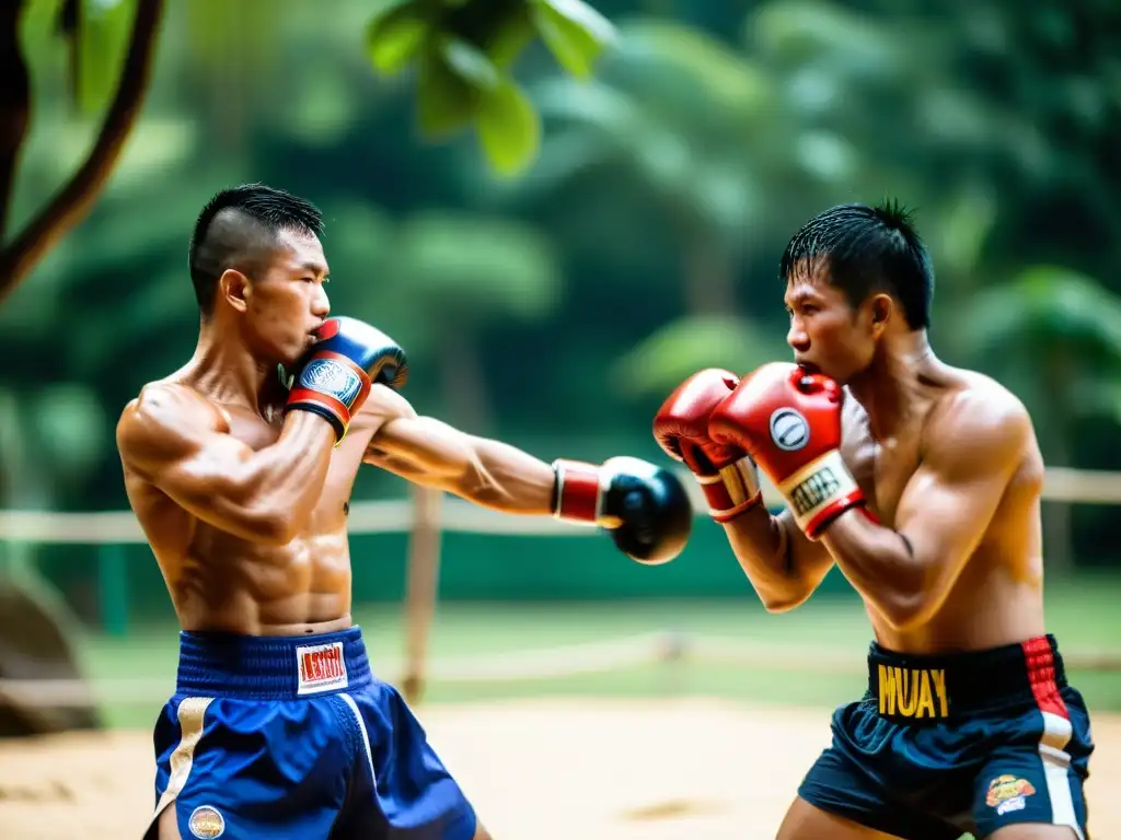 Grupo de practicantes de Muay Thai en un campamento tradicional en Tailandia, rodeados de exuberante vegetación mientras se entrenan intensamente