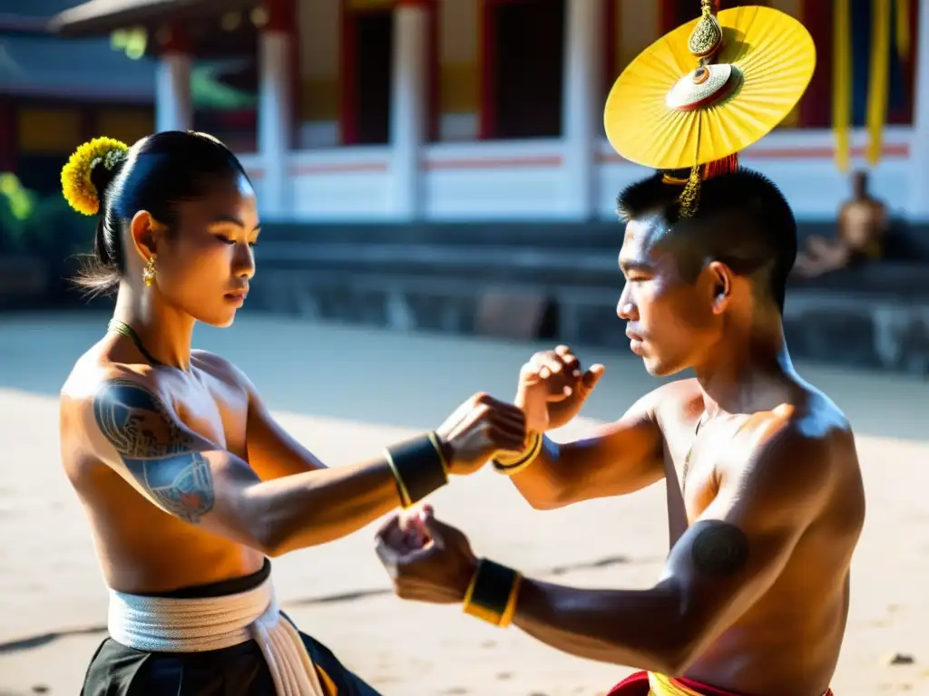 Grupo de practicantes de Muay Boran realizando la ceremonia tradicional Wai Kru en un templo, con movimientos precisos y gracia, honrando a sus maestros y espíritus ancestrales