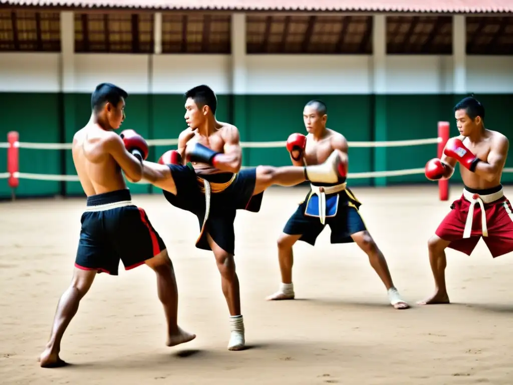 Grupo de practicantes de Muay Boran entrenando en un entorno tradicional al aire libre, mostrando la intensidad y la disciplina