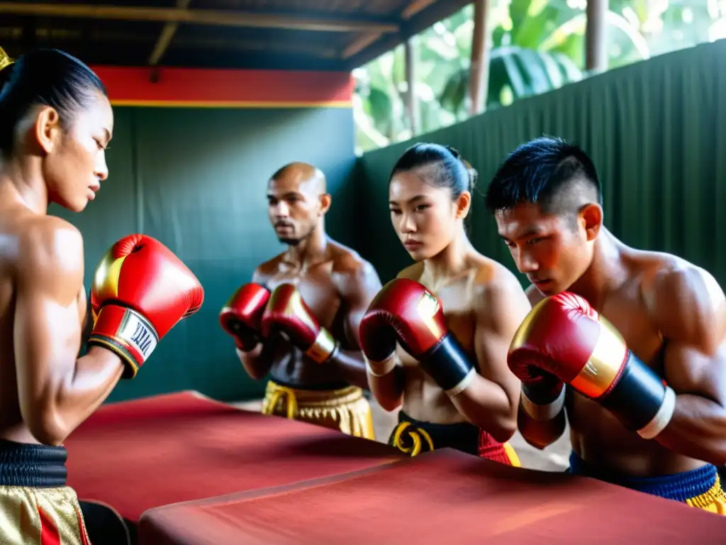 Un grupo de practicantes de Muay Thai en Tailandia se prepara para entrenar, envueltos en vendas rojas y doradas