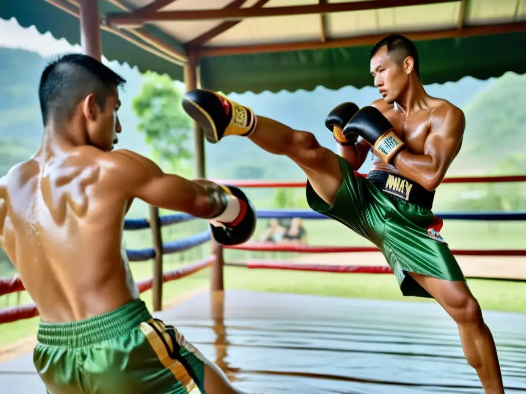 Un grupo de practicantes de Muay Thai entrena en un gimnasio al aire libre en Tailandia, rodeados de exuberante naturaleza