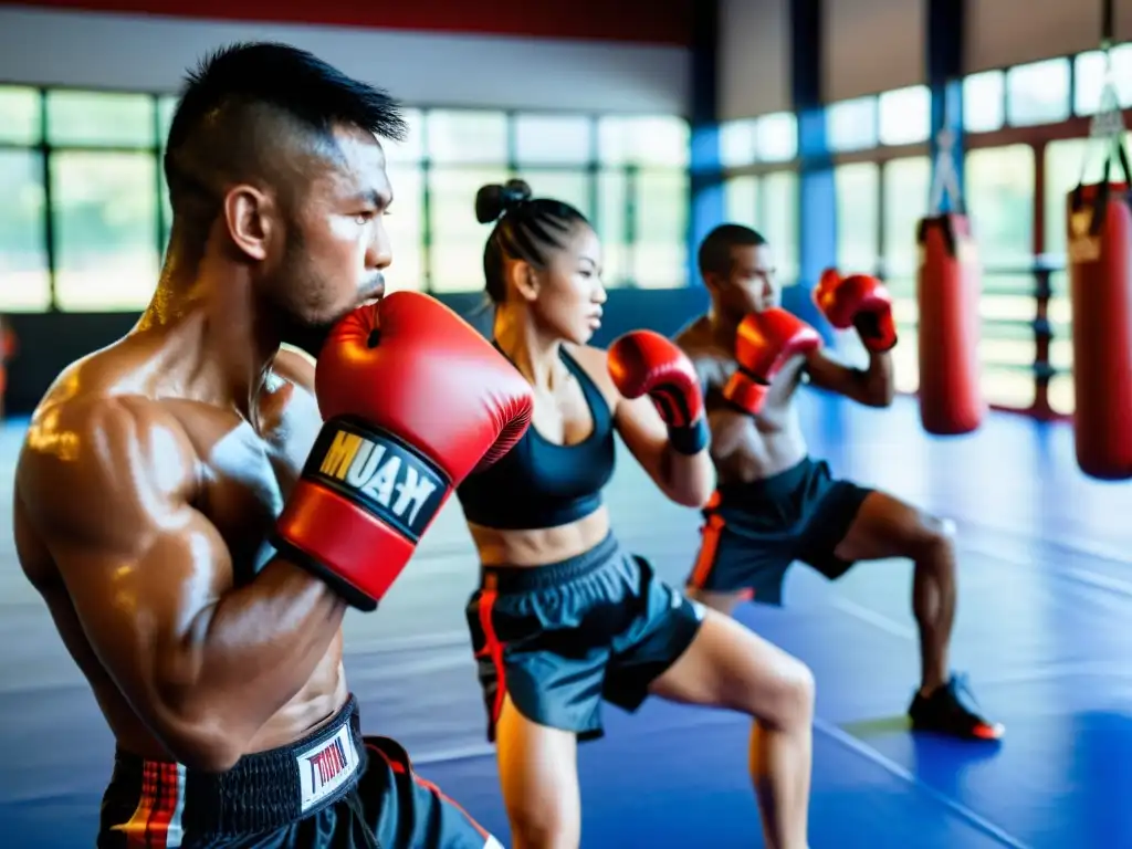 Entrenamiento de Muay Thai: Intensidad y Determinación Grupo de practicantes de Muay Thai en un intenso entrenamiento cardio, con determinación y pasión