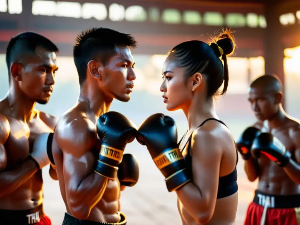 Un grupo de practicantes de Muay Thai fortalece su mente al atardecer, mostrando determinación y concentración, con un templo tailandés al fondo