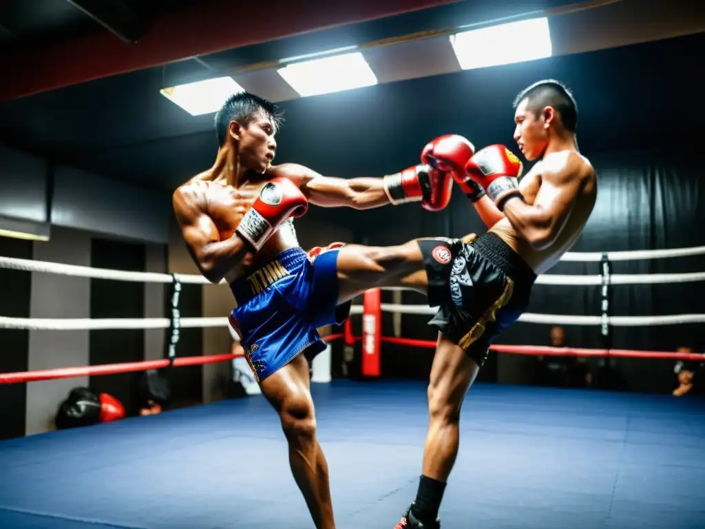 Grupo de practicantes de Muay Thai ejecutando potentes patadas y golpes de codo en un gimnasio de entrenamiento intenso