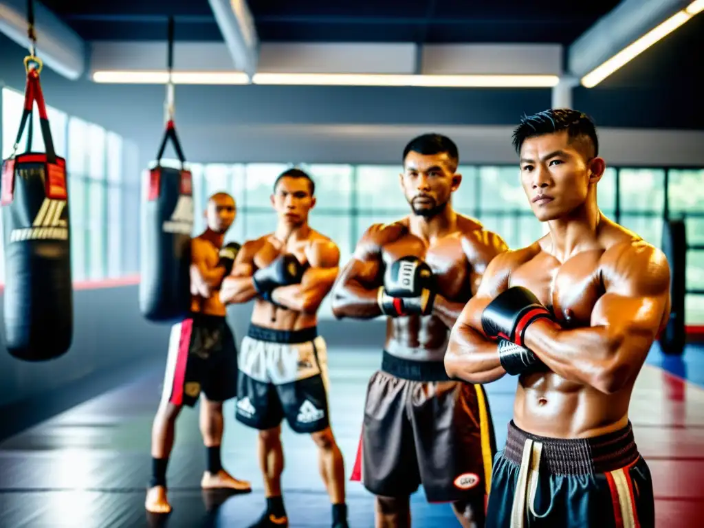 Grupo de practicantes de Muay Thai moderno en un centro de entrenamiento de última generación, transmitiendo determinación y confianza