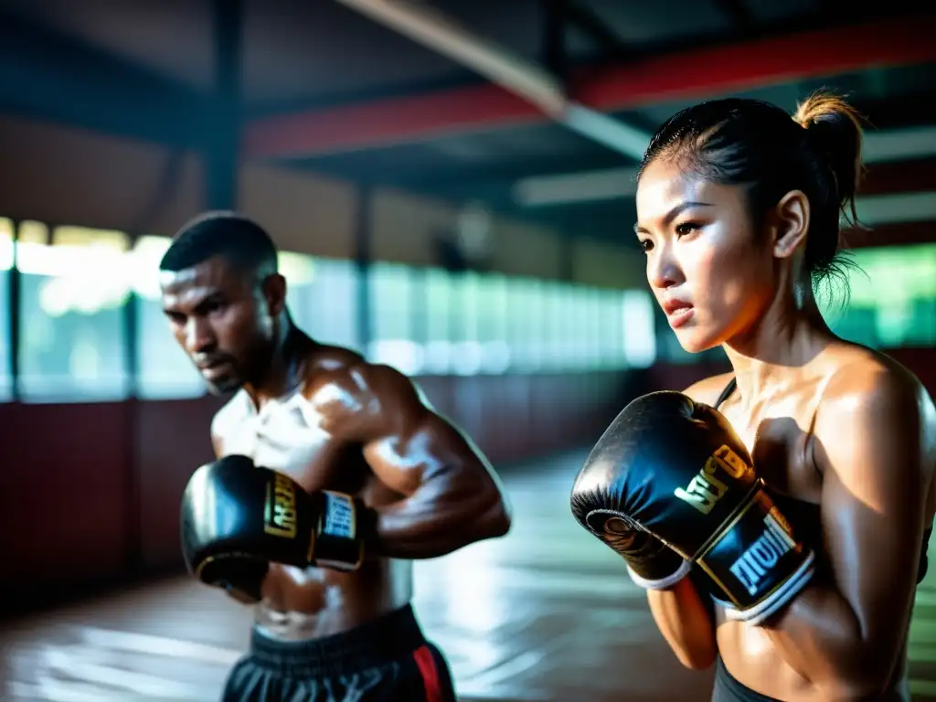 Entrenamiento cardiovascular intenso de Muay Thai Un grupo de practicantes de Muay Thai, intensos entrenamientos cardiovasculares en un gimnasio oscuro y lleno de energía