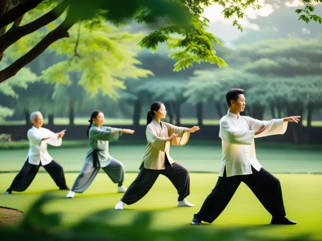 Grupo de practicantes de tai chi en armonía con la naturaleza, destacando la conexión entre wearables y el arte ancestral