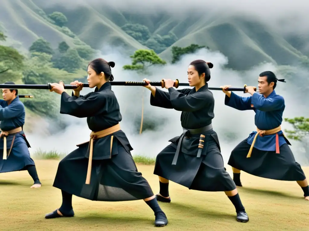 Un grupo de practicantes de Bujinkan Ninjutsu se entrena intensamente al aire libre en un paisaje montañoso brumoso