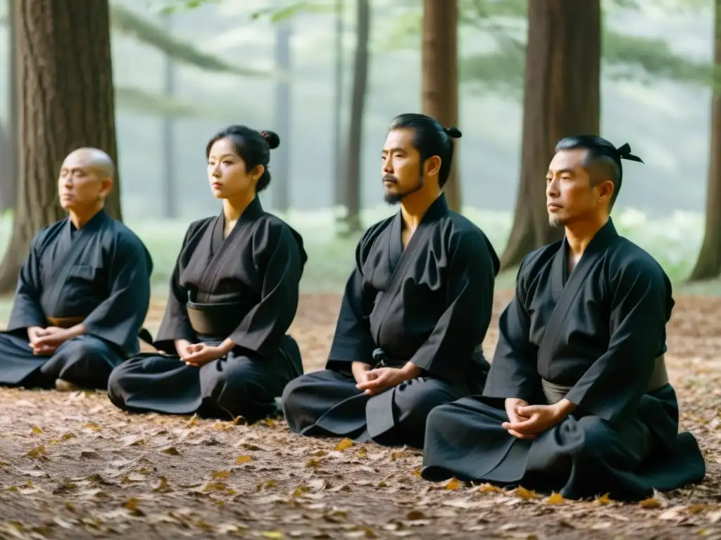 Un grupo de practicantes de Bujinkan Ninjutsu se reúne en un claro del bosque al amanecer para una meditación profunda