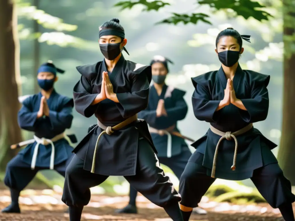 Grupo de practicantes de ninjutsu en un claro del bosque, en una sesión de entrenamiento riguroso con su sensei