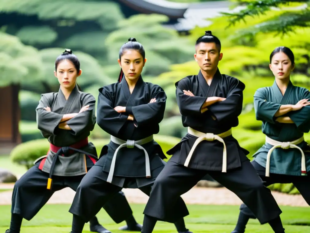 Grupo de practicantes de ninjutsu en un jardín japonés, mostrando movimientos dinámicos