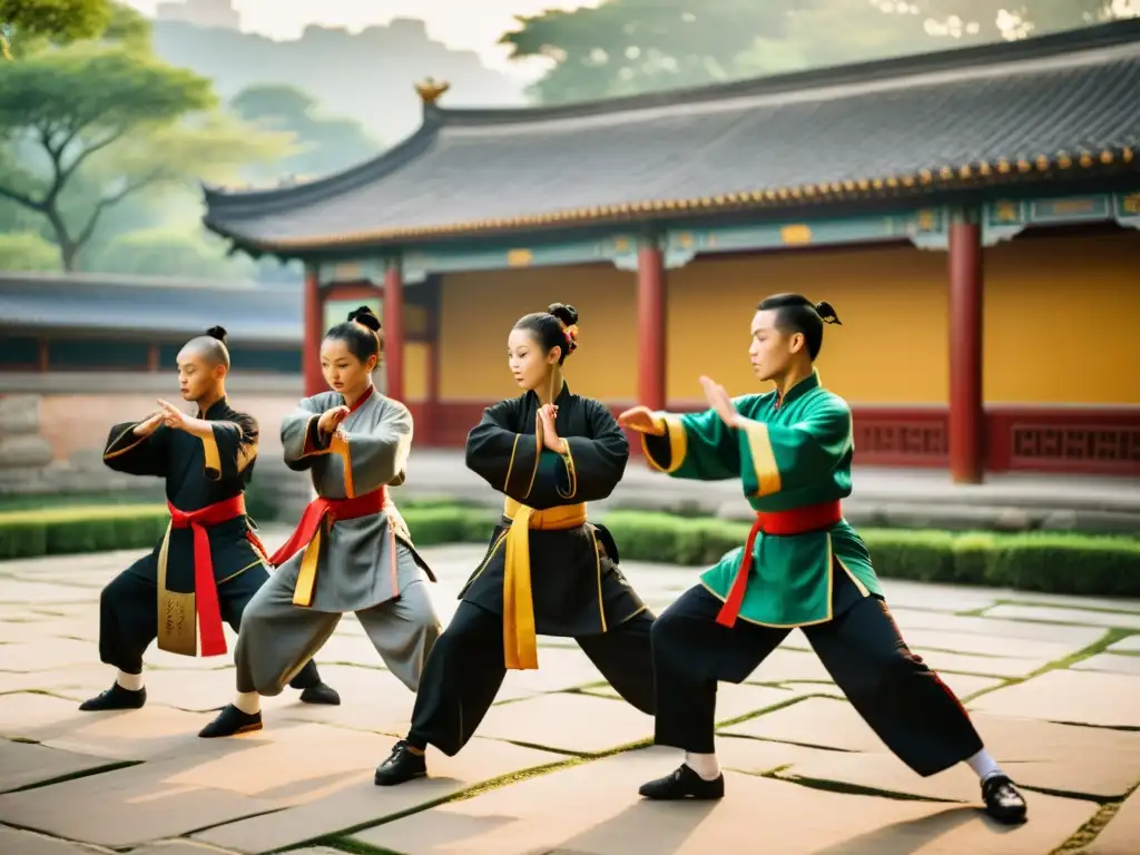 Un grupo de practicantes de Kung Fu se reúnen en un patio chino tradicional, rodeados de exuberante vegetación y antiguas esculturas de piedra