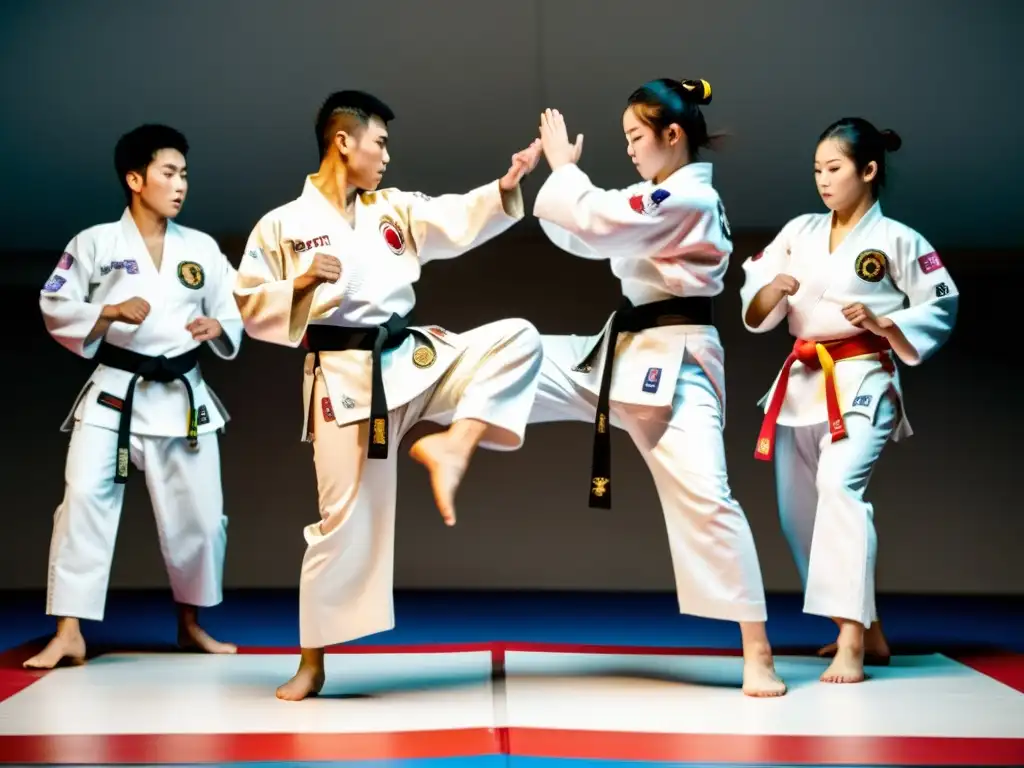 Grupo de practicantes de Tae Kwon Do ejecutando Pumsae Coreano en un escenario iluminado, mostrando concentración y destreza