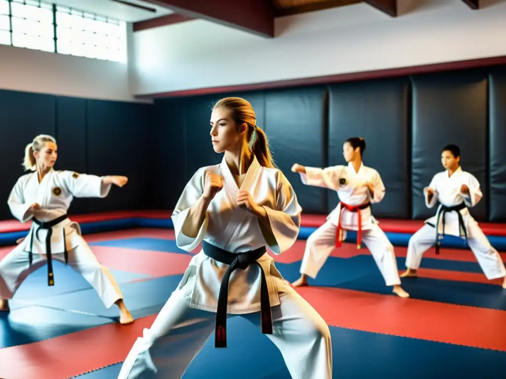 Un grupo de practicantes de karate ejecuta rutinas de entrenamiento fitness con enfoque y determinación en un dojo espacioso y bien iluminado