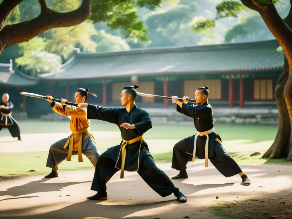 Grupo de practicantes de Kung Fu con sables, lanzas y bastones en entrenamiento armas Kung Fu artes marciales bajo la luz dorada entre árboles antiguos