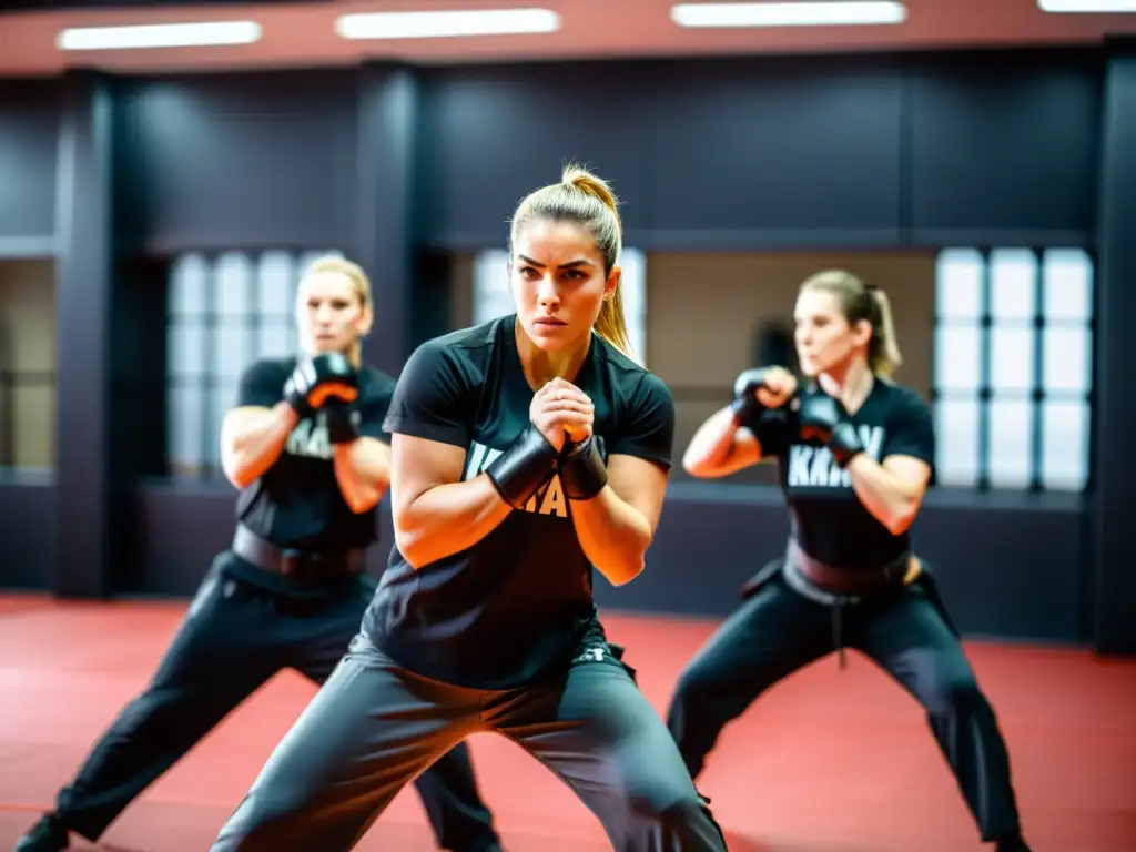 Un grupo de practicantes de Krav Maga en un salón de entrenamiento, demostrando técnicas de defensa personal contra múltiples atacantes