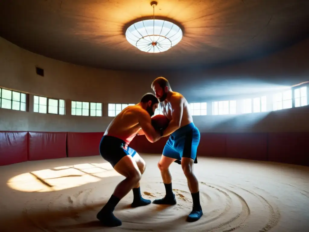 Un grupo de practicantes de sambo en atuendo tradicional ruso, reunidos alrededor de un entrenador en un gimnasio rústico