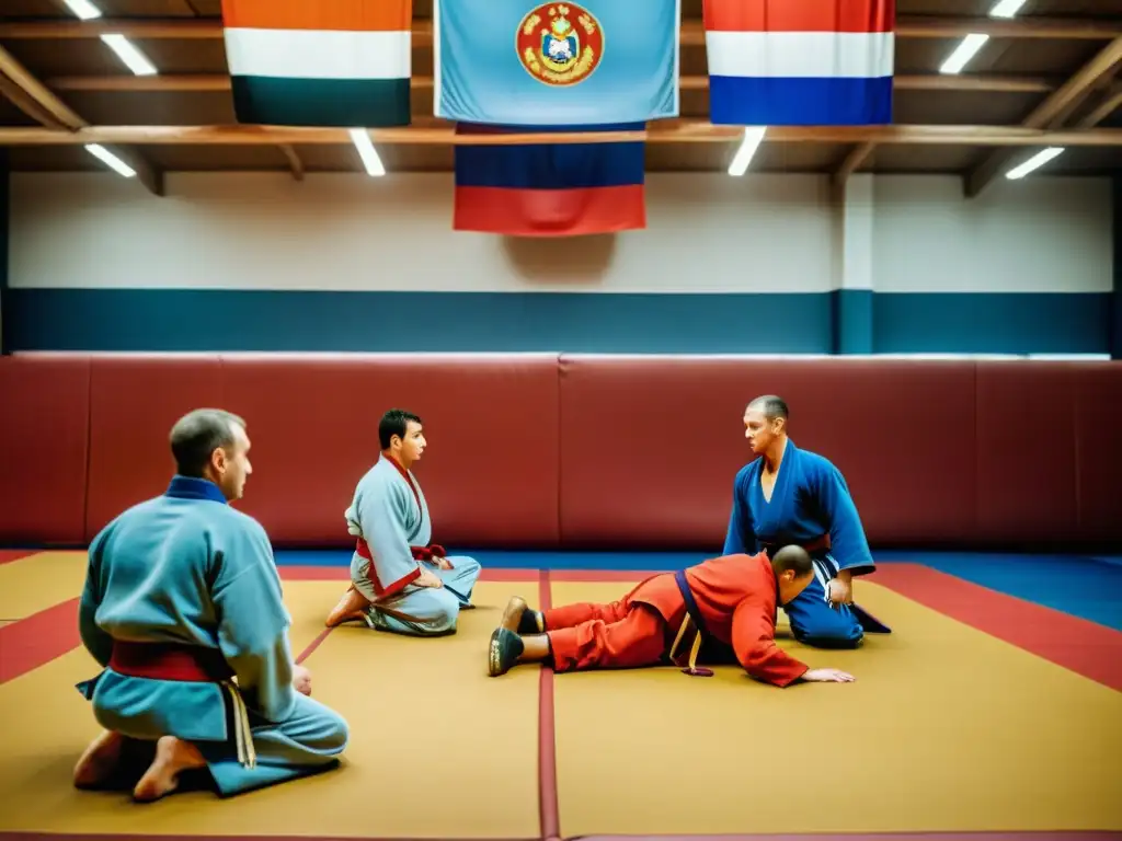 Un grupo de practicantes de sambo entrenando en un gimnasio ruso tradicional, inmersos en la rica tradición y dedicación de este arte marcial