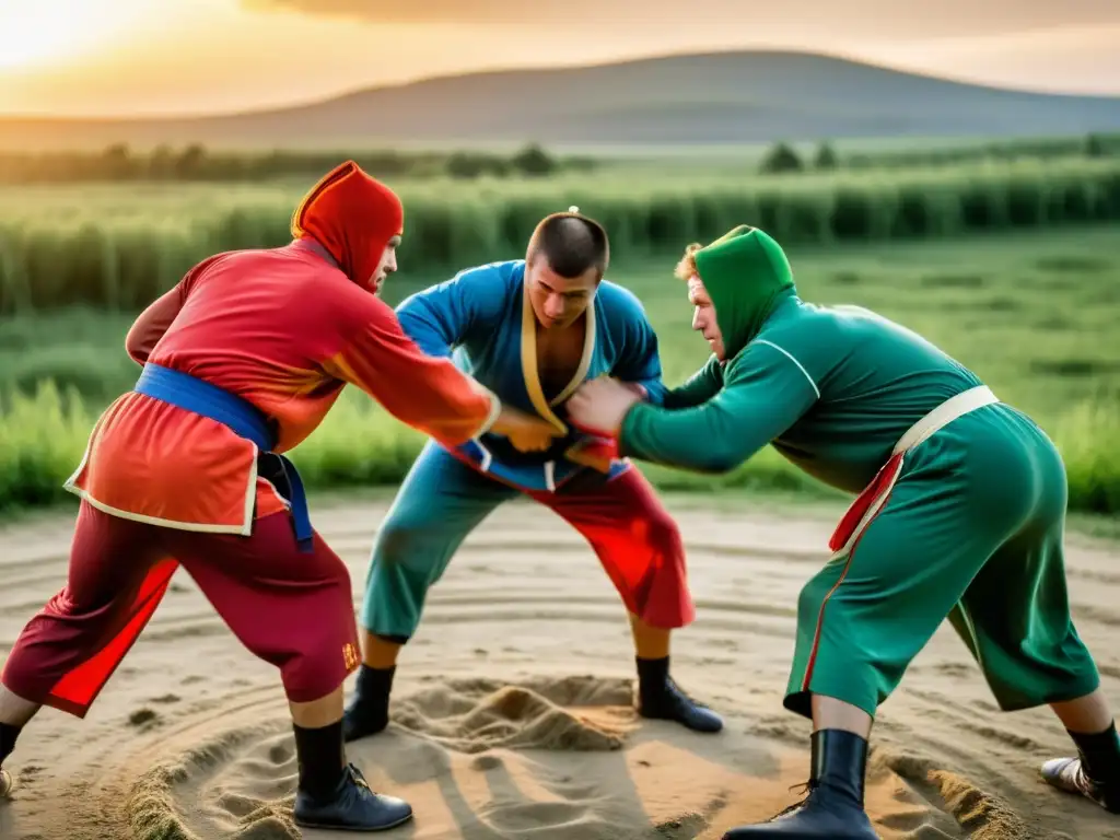 Un grupo de practicantes de sambo se entrena con intensidad en un campamento en la campiña rusa al atardecer