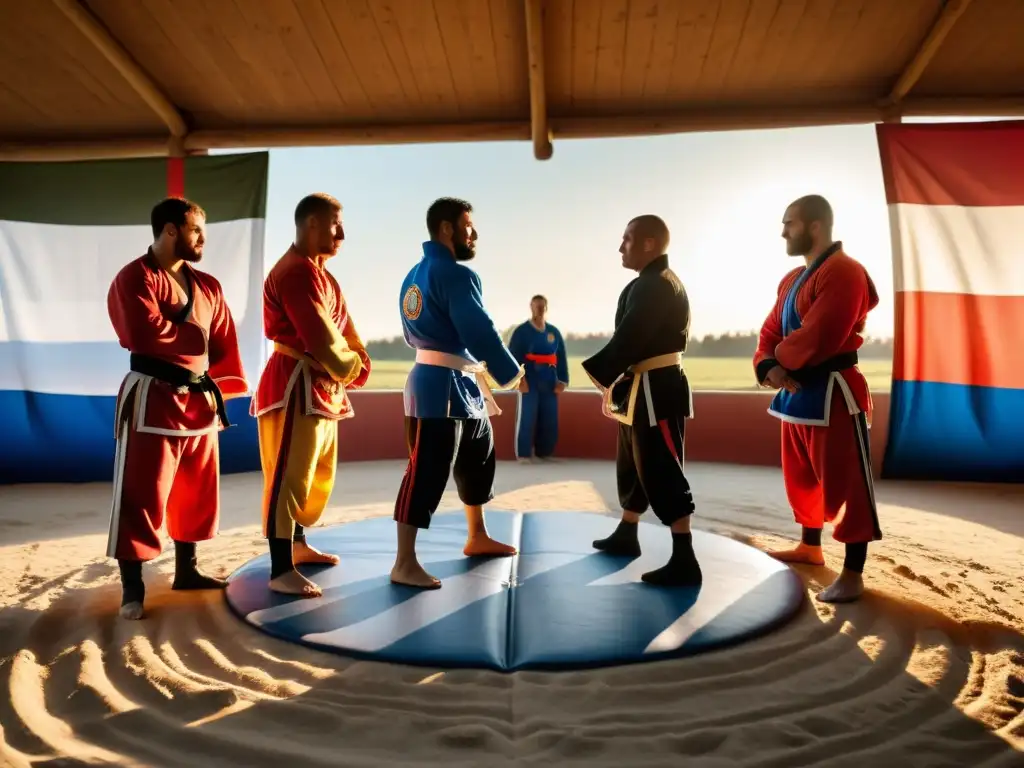 Un grupo de practicantes de sambo en trajes tradicionales de lucha rusa, entrenando en un campamento en el campo ruso al atardecer