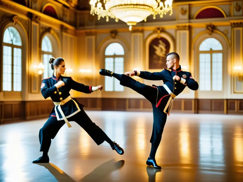 Grupo de practicantes de Savate exhibiendo elegancia francesa en una impresionante exhibición de agilidad y precisión en un escenario histórico