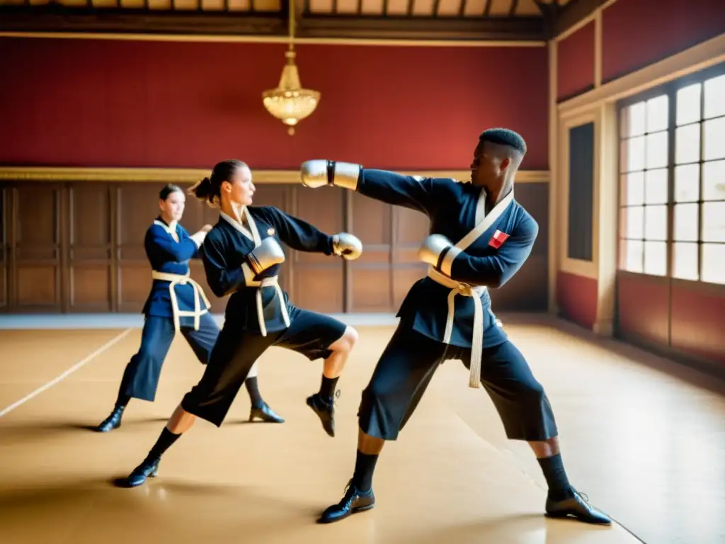 Un grupo de practicantes de Savate ejecuta movimientos elegantes y precisos en una exhibición de Savate elegancia francesa