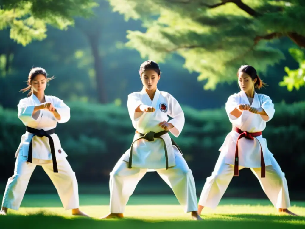 Un grupo de practicantes de Shotokan Karate ejecutan katas en un escenario natural sereno, destacando la disciplina y la técnica del Shotokan Karate