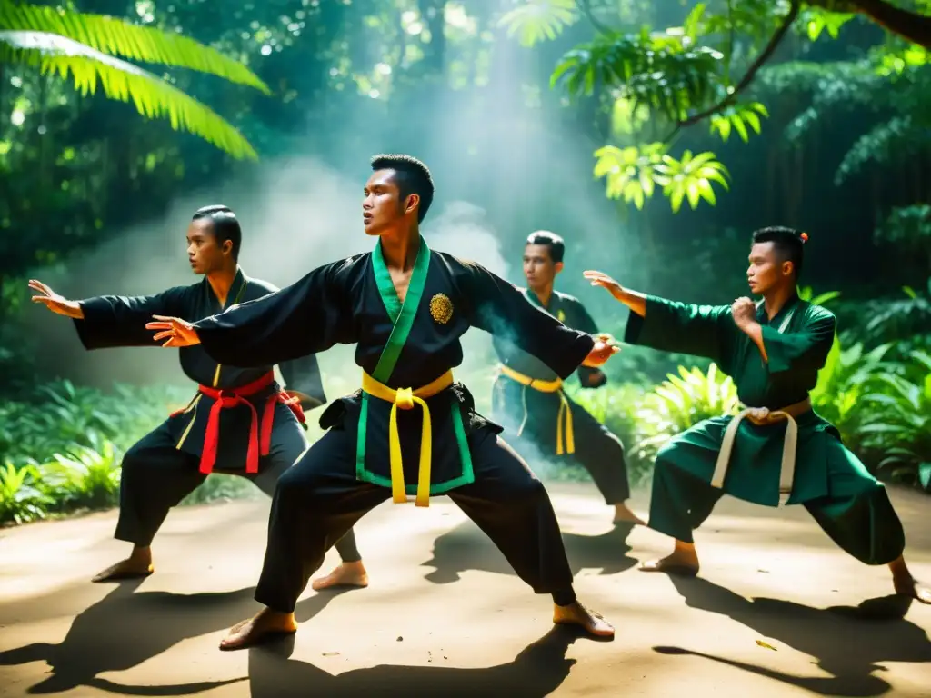 Grupo de practicantes de Silat realizan demostración en el bosque tropical, capturando la esencia de los Secretos del Silat en Asia