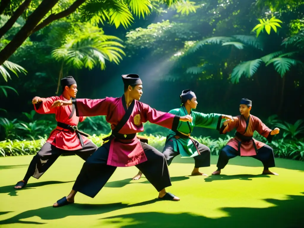 Un grupo de practicantes de Silat en trajes tradicionales de Indonesia realiza movimientos de artes marciales en una selva exuberante