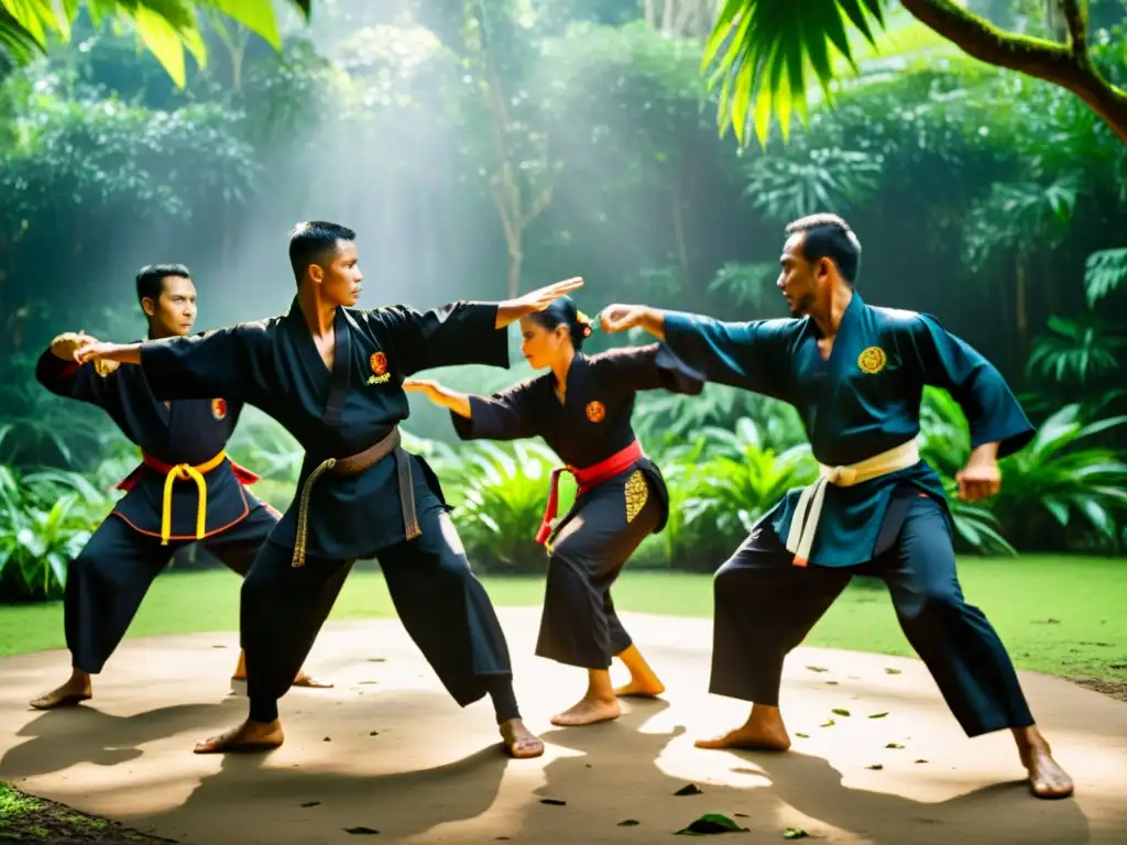 Grupo de practicantes de Silat en trajes tradicionales realizando demostración de artes marciales en la exuberante selva tropical de Indonesia