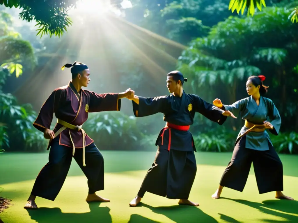 Un grupo de practicantes de silat en trajes tradicionales de Indonesia y Malasia ejecutan movimientos elegantes en un bosque tropical, mostrando la historia del silat en Indonesia con gracia y poder