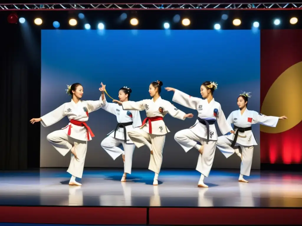 Grupo de practicantes de taekwondo y bailarines folclóricos en armonioso diálogo cultural taekwondo danza folclórica en el escenario