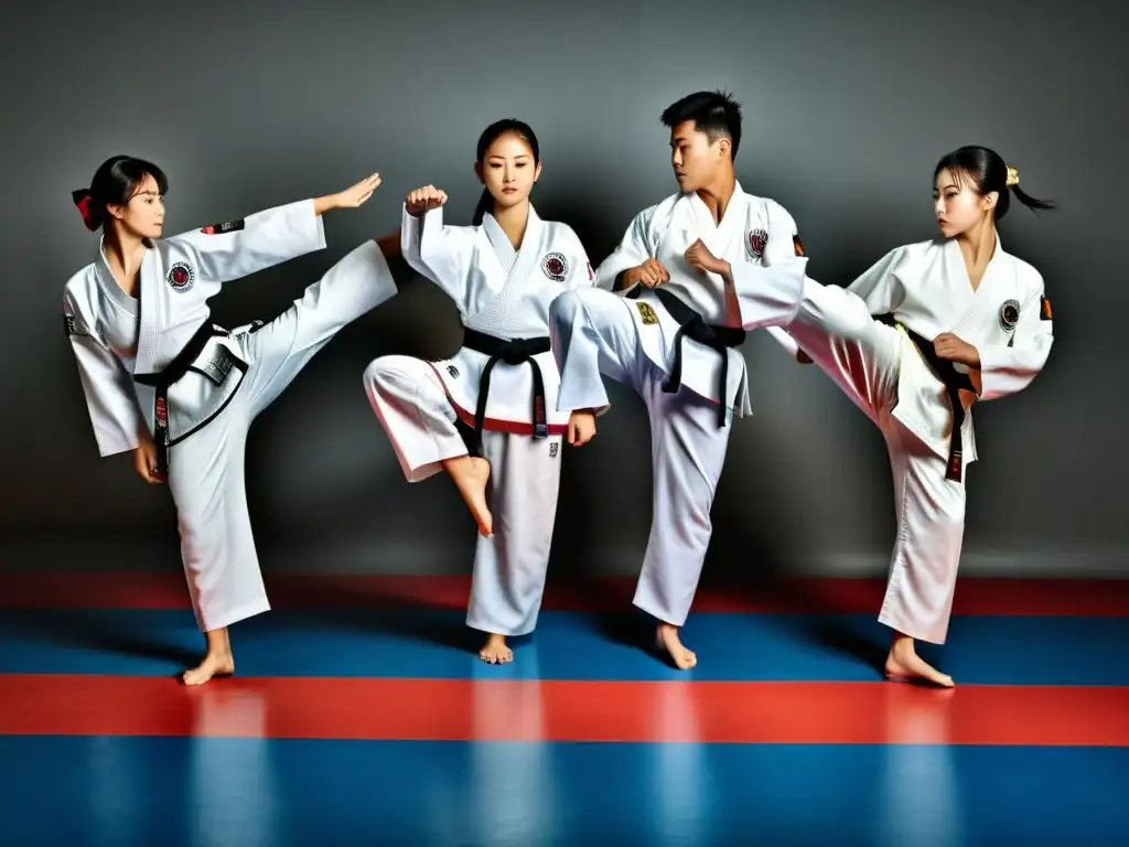 Grupo de practicantes de taekwondo en doboks blancos, ejecutando una patada sincronizada con disciplina y elegancia