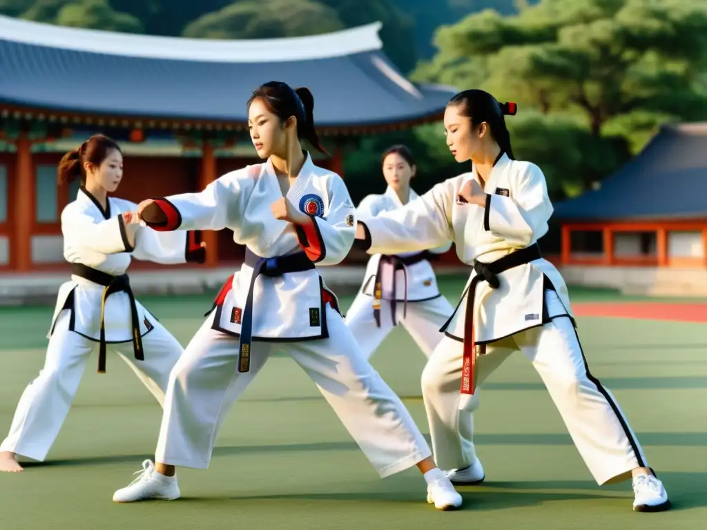 Grupo de practicantes de taekwondo con diferentes cinturones realizando patadas precisas y poderosas al aire libre, con expresiones determinadas