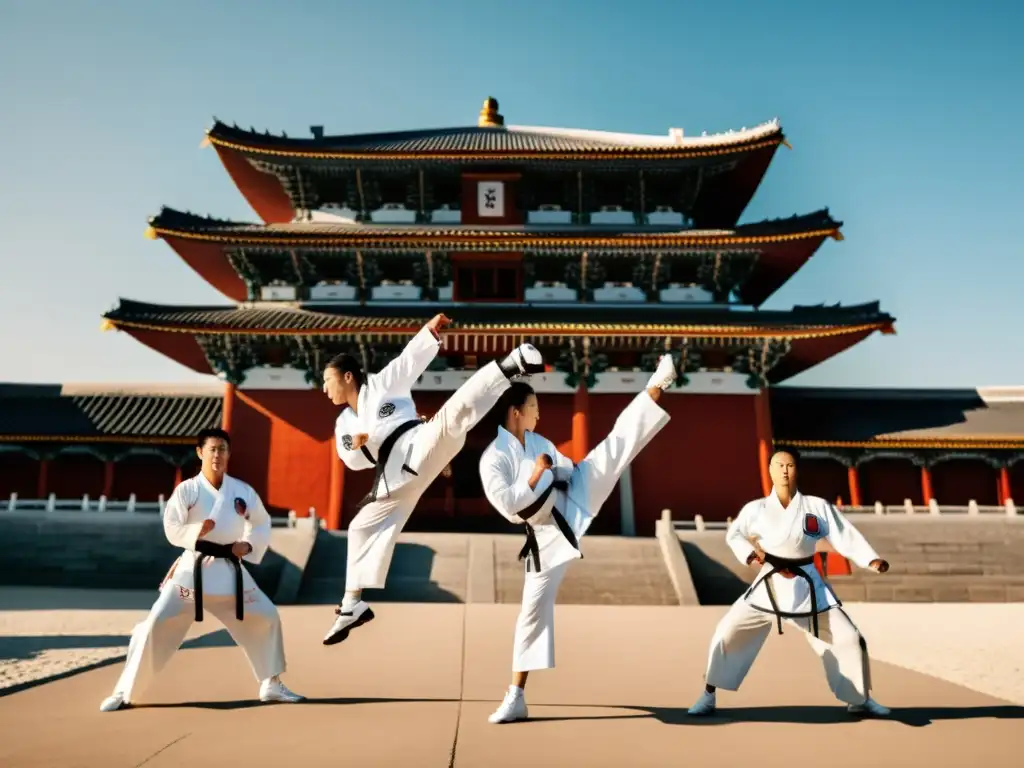 Un grupo de practicantes de taekwondo realiza una forma tradicional frente a un hito histórico, congelados en el aire