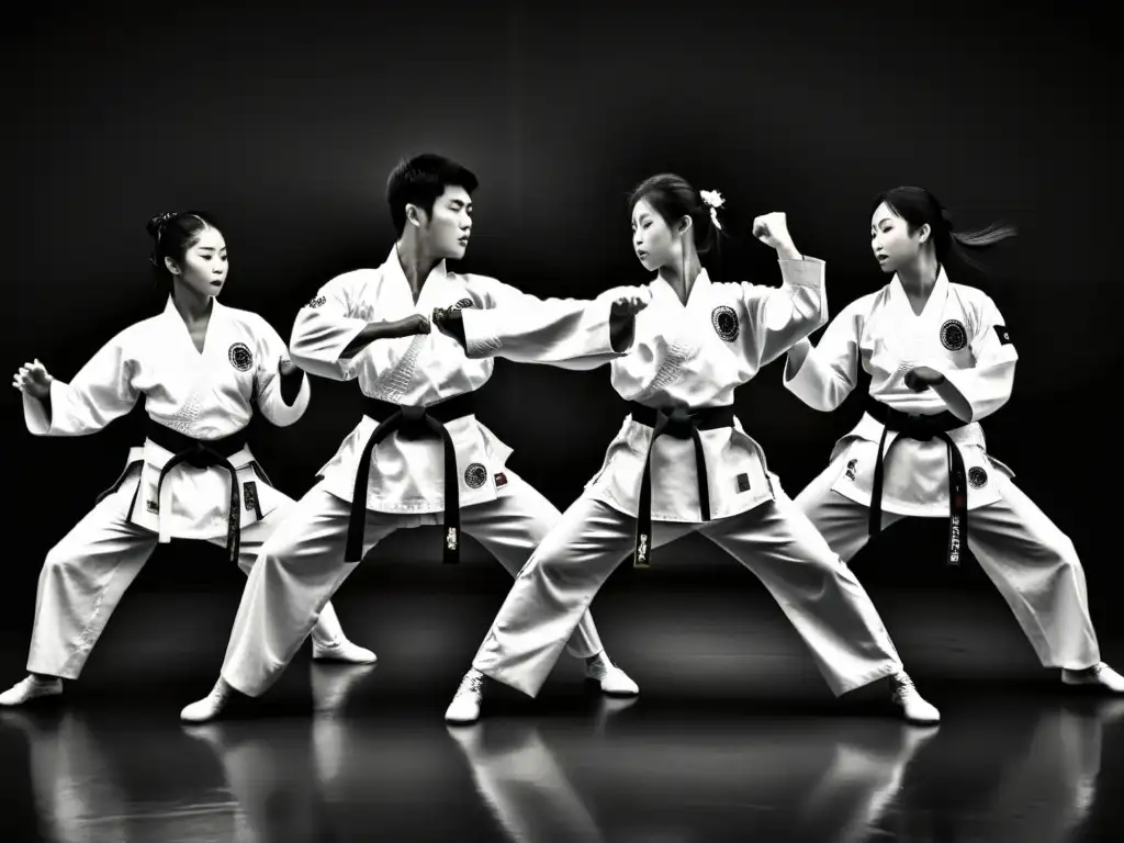 Grupo de practicantes de Taekwondo ejecutando una forma tradicional en armonía, reflejando la disciplina y gracia del arte marcial