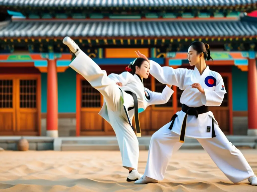 Un grupo de practicantes de taekwondo ejecutando una forma tradicional en un templo histórico coreano, fusionando técnicas y tradiciones