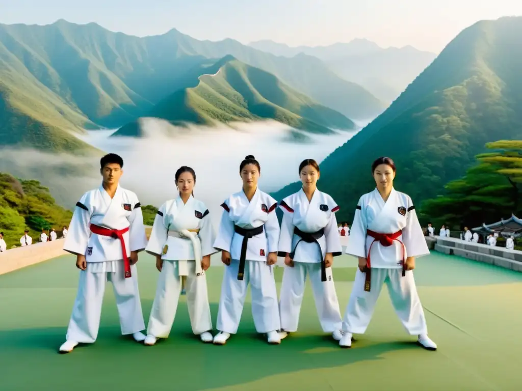 Grupo de practicantes de taekwondo, en formación disciplinada frente a un templo sereno en Corea