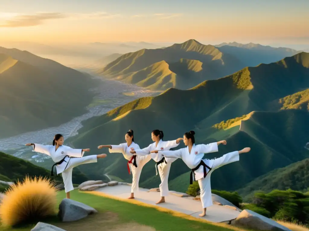 Un grupo de practicantes de Taekwondo realiza sus formas al amanecer en la cima de una montaña, transmitiendo determinación y pasión