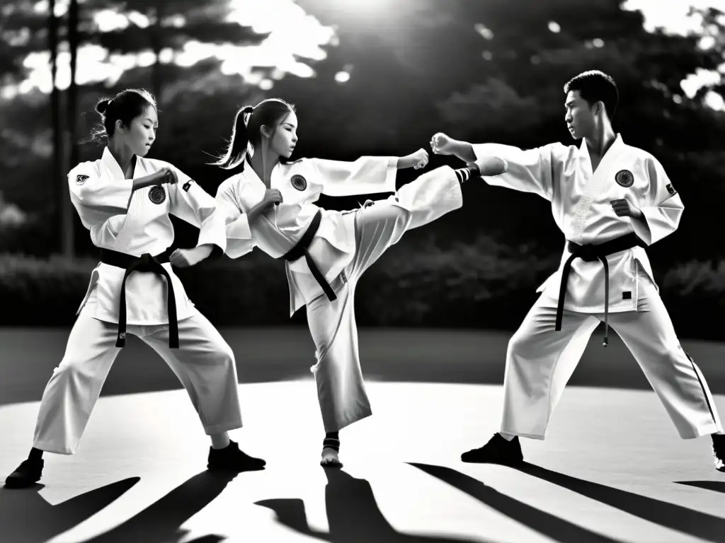 Grupo de practicantes de Taekwondo ejecutando formas tradicionales con gracia y poder en un entorno sereno