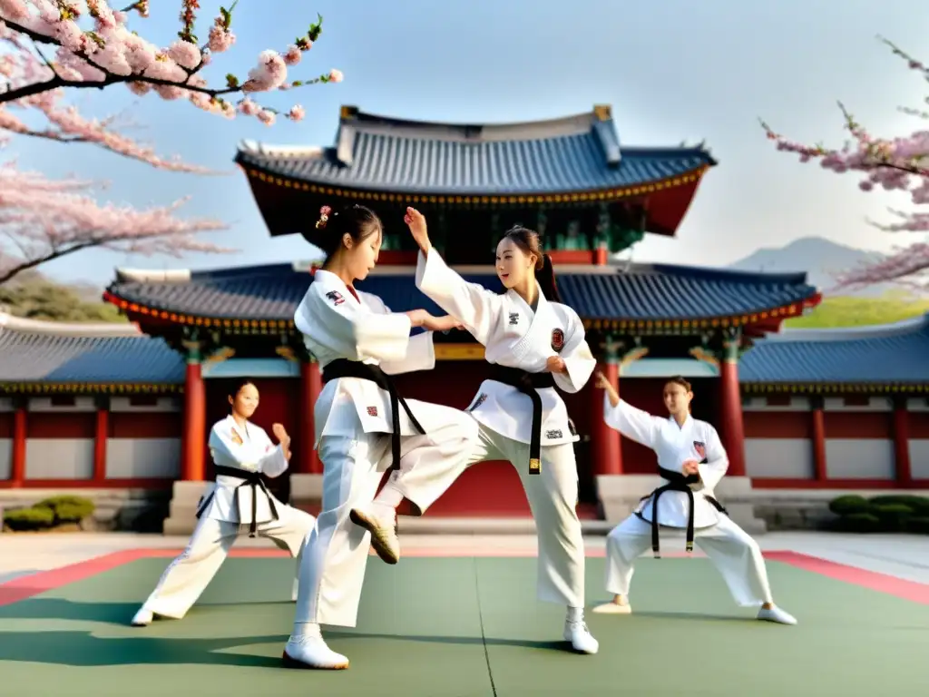 Un grupo de practicantes de taekwondo ejecutando movimientos precisos y potentes en un entorno tradicional coreano, evocando la historia y expansión global del taekwondo