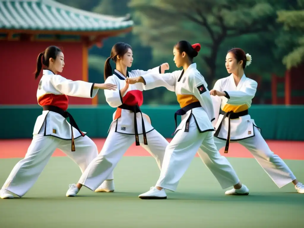 Un grupo de practicantes de Taekwondo ejecuta movimientos sincronizados de Poomsae con precisión y determinación en un entorno soleado