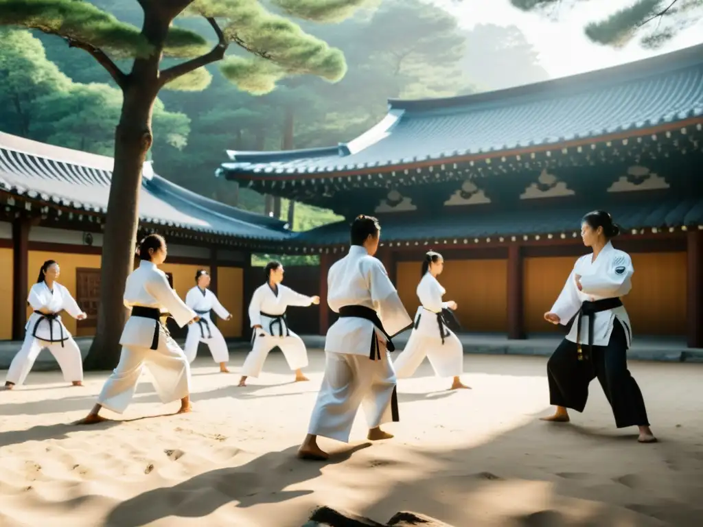 Grupo de practicantes de Taekwondo realizando movimientos precisos y sincronizados en un dojang tradicional al aire libre en Corea del Sur, transmitiendo dedicación y disciplina