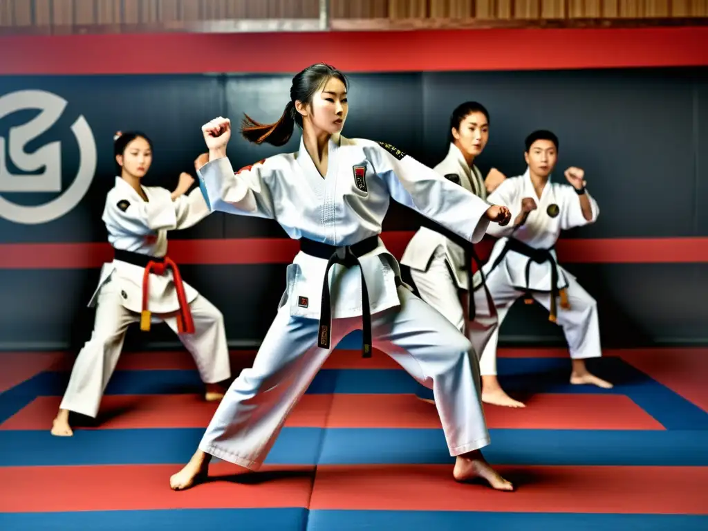 Maestría en Taekwondo: Movimientos precisos y poderosos Grupo de practicantes de Taekwondo demostrando movimientos precisos y poderosos en un dojo, con expresiones determinadas
