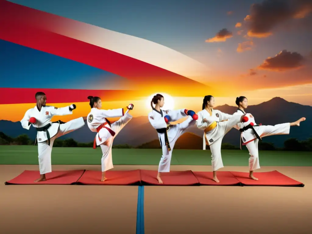 Un grupo de practicantes de taekwondo de diferentes países en América en doboks tradicionales, realizando una técnica de patadas sincronizadas al atardecer, capturando la evolución del taekwondo en América