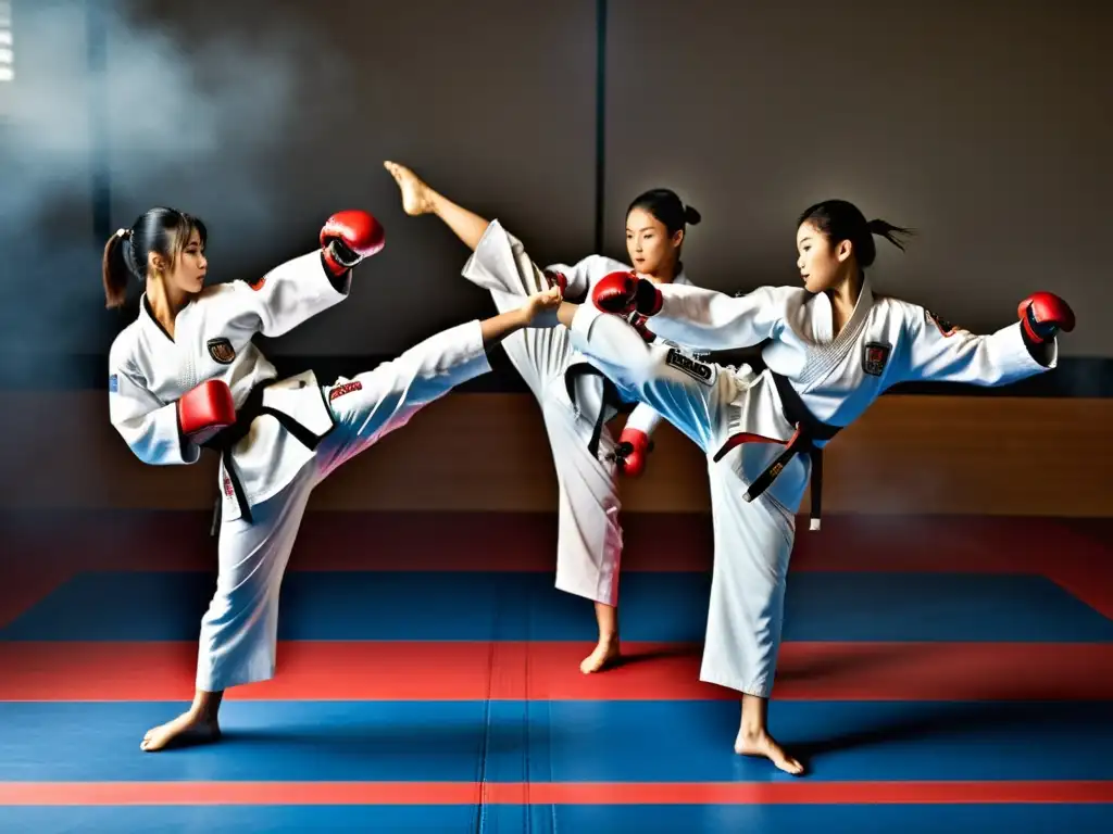 Un grupo de practicantes de Taekwondo ejecuta patadas precisas y poderosas en un dojo, destacando el impacto cultural del Taekwondo