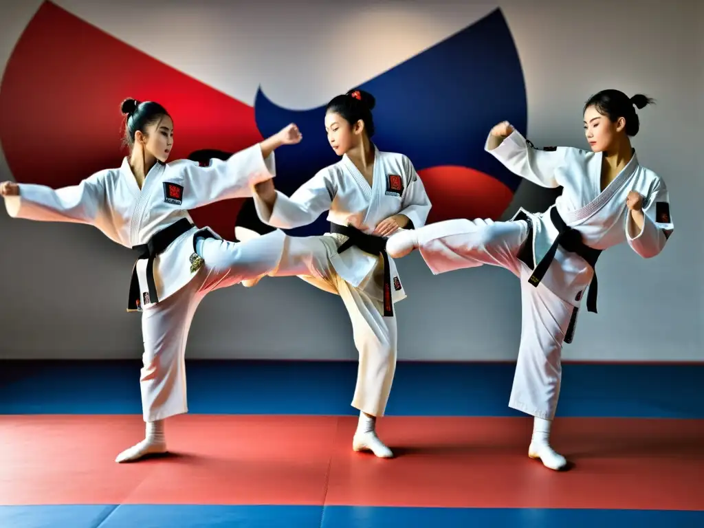 Grupo de practicantes de Taekwondo ejecutando patadas precisas y poderosas en armonía, mostrando los beneficios cardiovasculares y mentales del Taekwondo